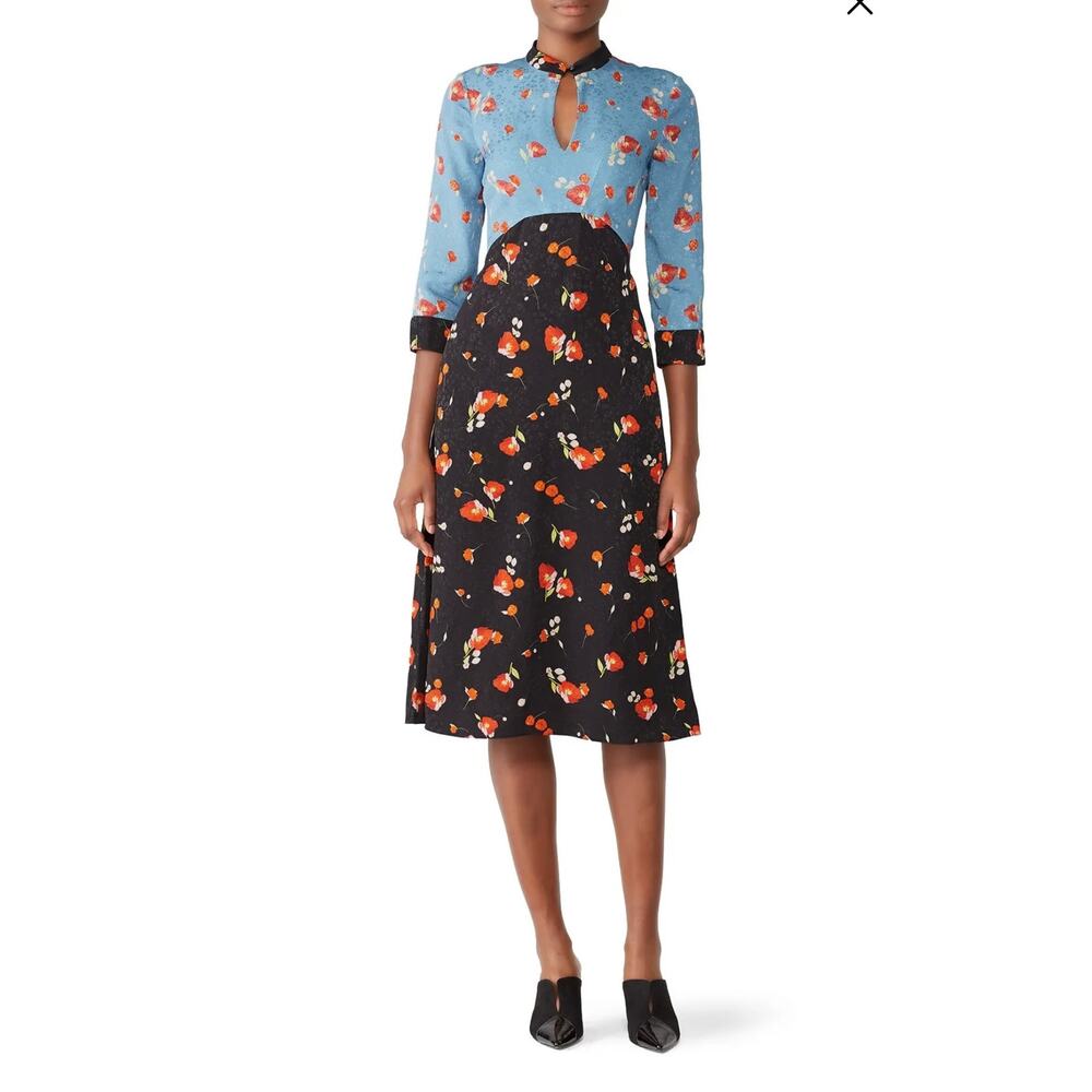 Vilshenko Michaela Jacquard Floral Black Blue Keyhole Midi Dress Size 6